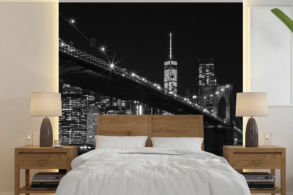 MuchoWow Fototapete für Wohnzimmer oder Schlafzimmer Wandtapete Vinyl Motivtapete New York - Brooklyn - Brücke - 300x300 cm - Wanddekoration