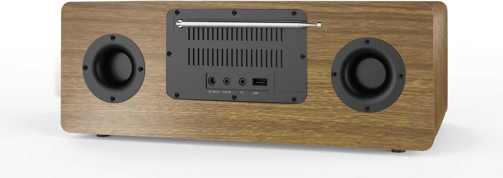 The back view of a wooden radio with speakers and ports.