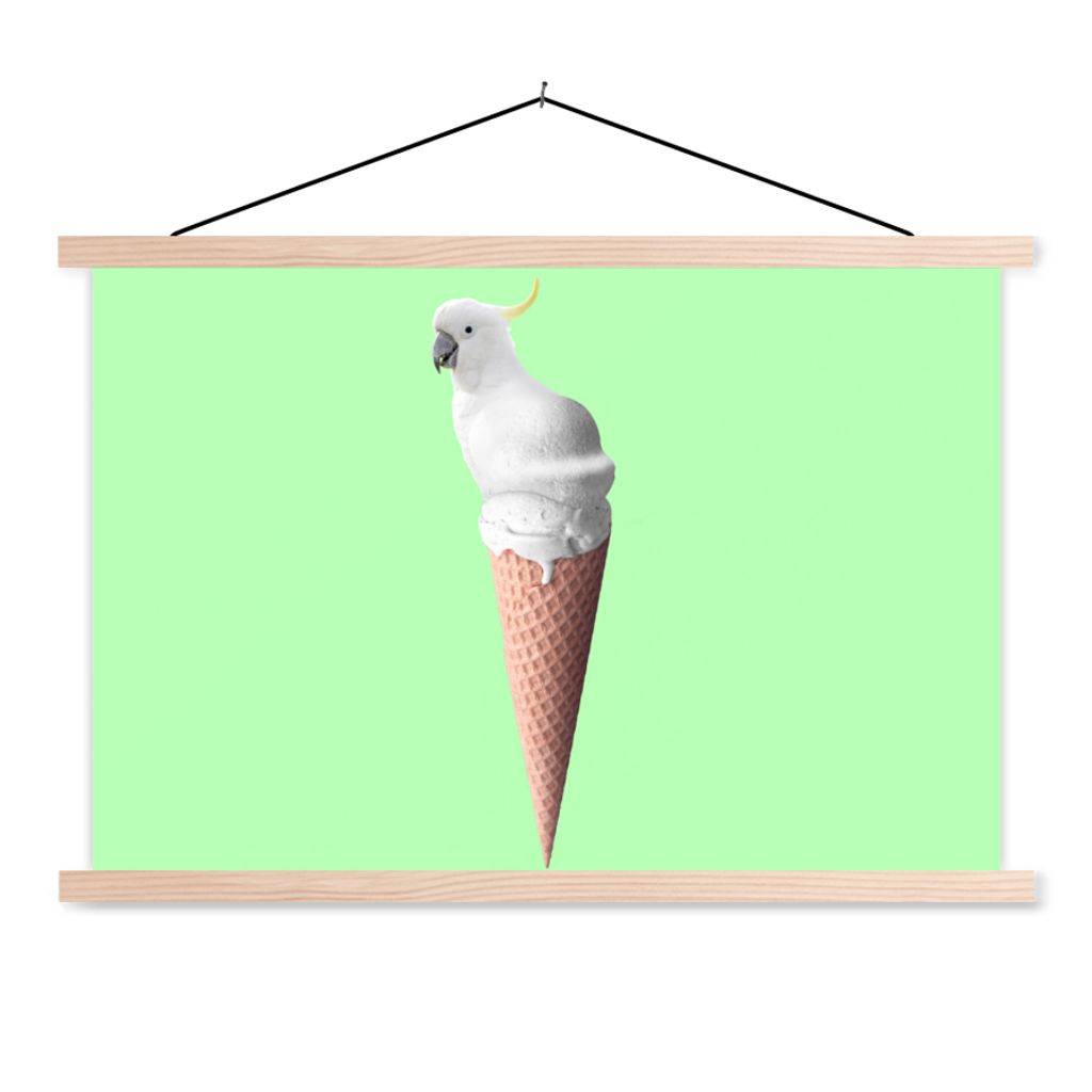 MuchoWow Textilposter Papagei - Eistüten - Eiscreme - Weiß - Grün 120x80 cm mit holzfarbenen Rahmen - Aufhängeset