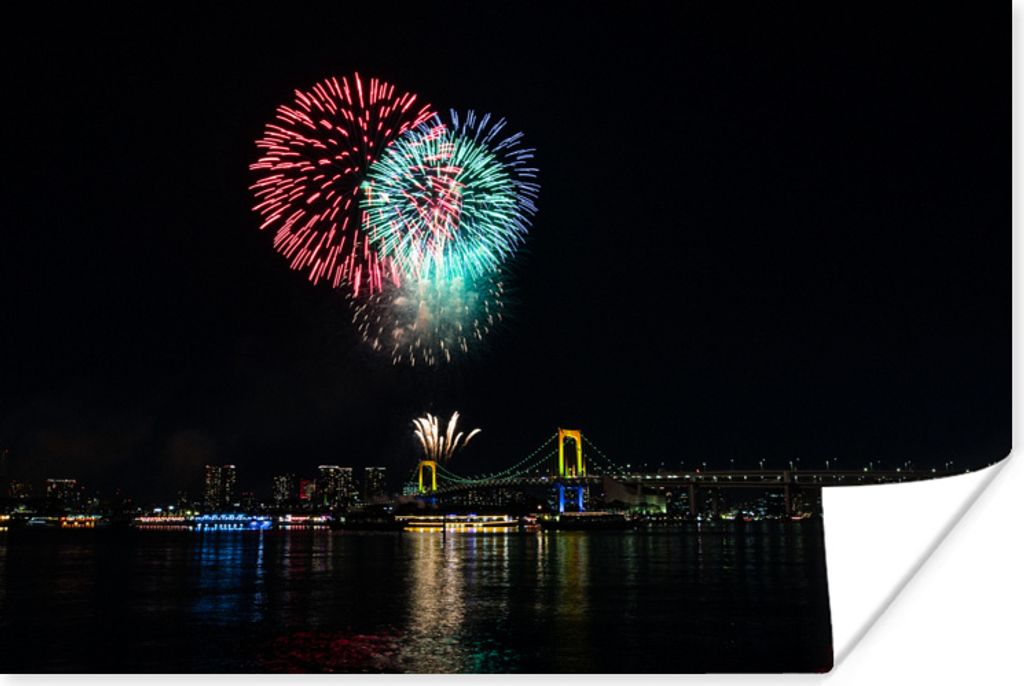 MuchoWow Poster Feuerwerk über der beleuchteten Brücke 60x40 cm - Schlafzimmerdekoration