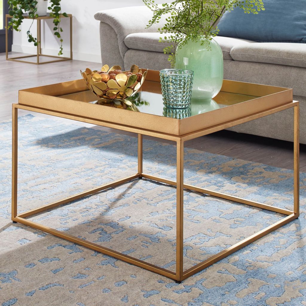 FineBuy Couchtisch Glas Metall 60x60x41 cm Sofatisch Gold Verspiegelt Wohnzimmertisch Quadratisch Kleiner Kaffeetisch Modern Spiegelglas Beistelltisch
