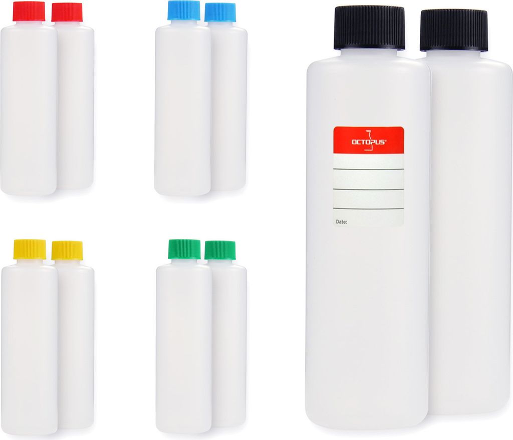 10 Plastikflaschen 250 ml, rund mit bunten Deckeln (leer)