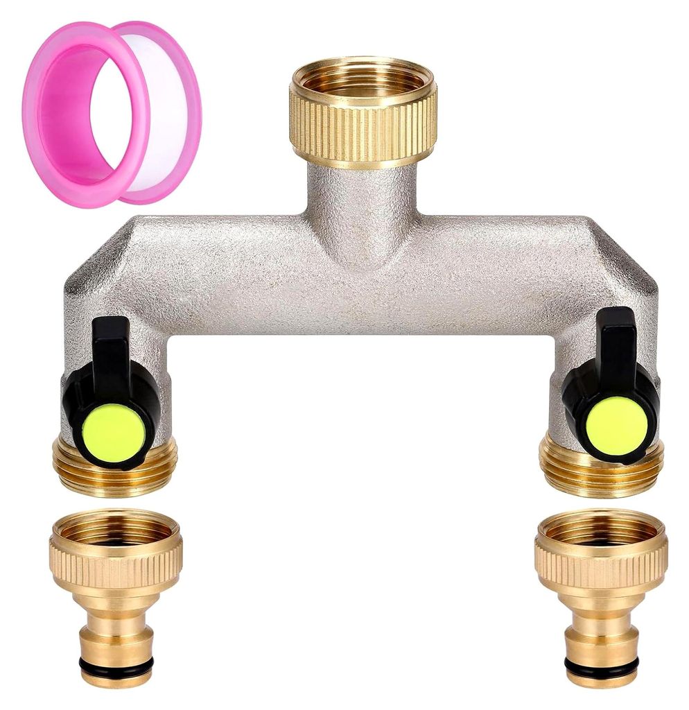 2-Wege Wasserhahn Wasserverteiler aus Messing für 2 Geräte/Gartenschläuche, 3/4 Zoll mit Kugelhahn zur Regelung und Absperrung des Wasserflusses