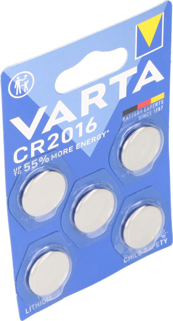 A blister pack of VARTA CR2016 lithium coin cell batteries.