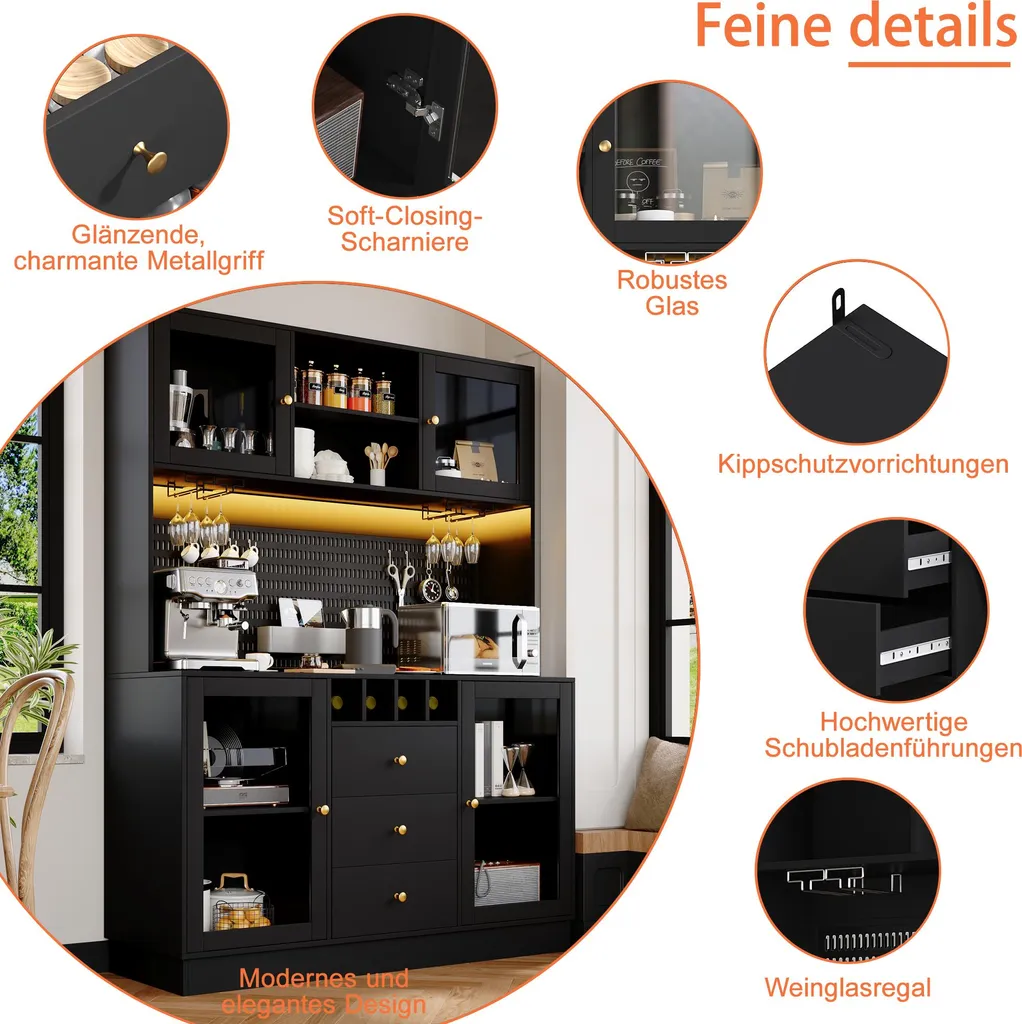 Buffet haut de cuisine 140cm avec rangement modulable et vitrine LED - 7
