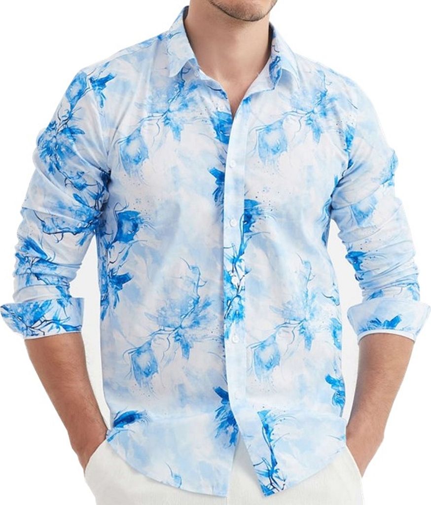 Yves Enzo Herrenhemd Weiß/Blau mit Digitaldruck 109-08 3XL
