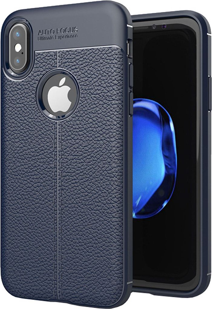 wortek iPhone XS / iPhone X Hülle Lederoptik Schutzhülle Lederdesign mit Naht TPU Silikon Cover mit Kamera-Schutz - elastisches Case | Blau