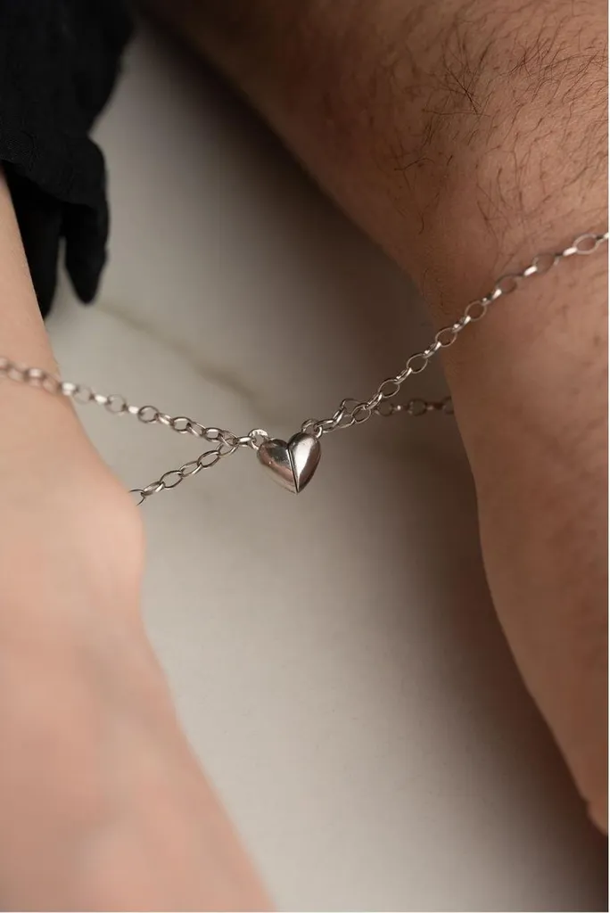 Cadeau Saint Valentin bracelet couple argent 925 cœur magnétique duo