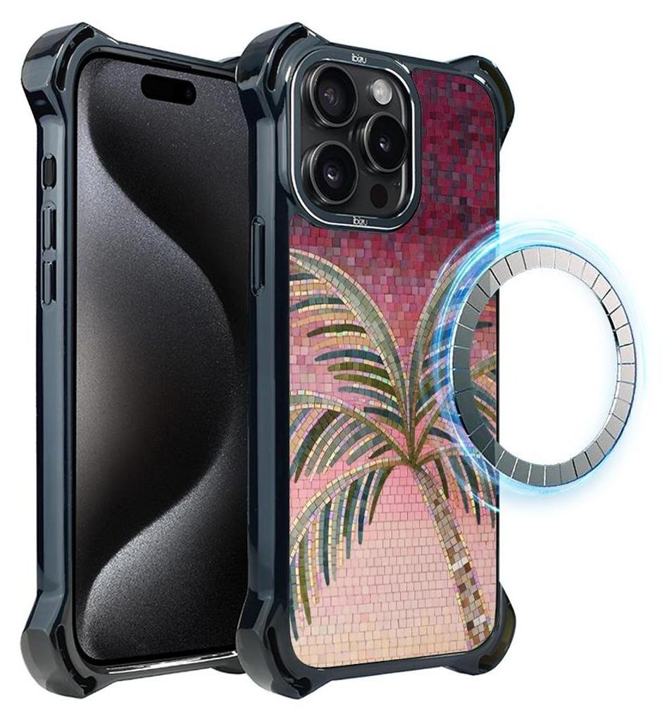 Schutzhülle für das iPhone 15 Pro Max, MagSafe-kompatibel, verstärkte Ecken, schwarz, Palmen, Mosaik
