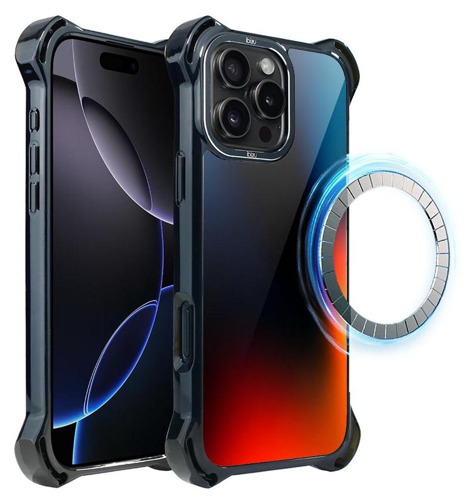 Schutzhülle für das iPhone 16 Pro Max, MagSafe-kompatibel, verstärkte Ecken, schwarz, dunkelblaues und rotes Licht