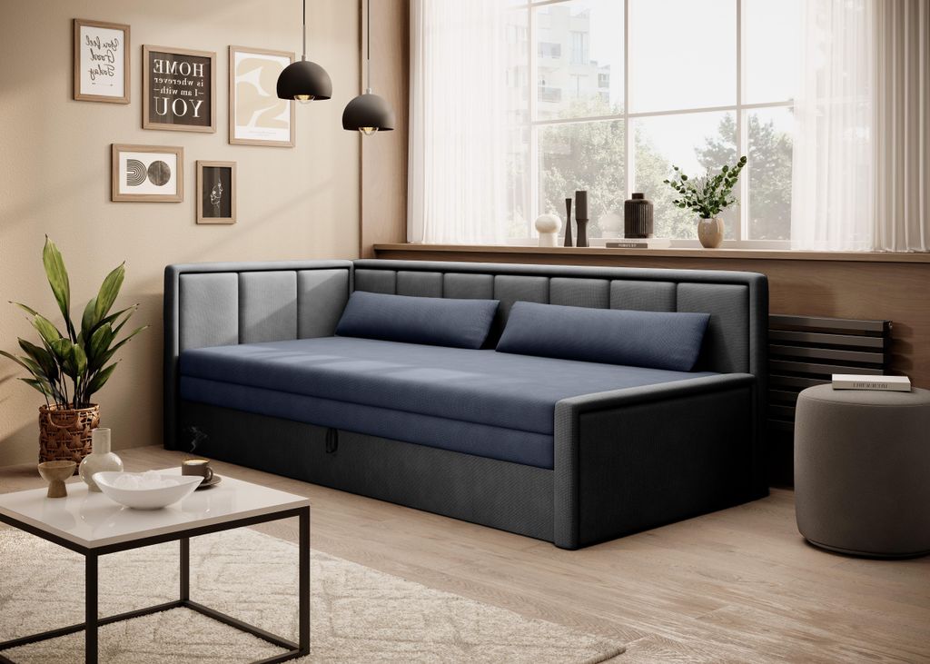 Krudox FULG 3-Sitzer Schlafsofa ausziehbar 214×77×82 cm mit Bettkasten, Stauraum und Kissen, Schlaffunktion 150×200 cm, Stoff POCO 40/4, links