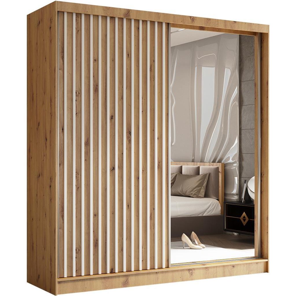 Schwebetürenschrank HELIX 200cm Artisan/Weiß – 2-türig, Kleiderschrank mit Lamellen & Spiegel & Schiebetüren