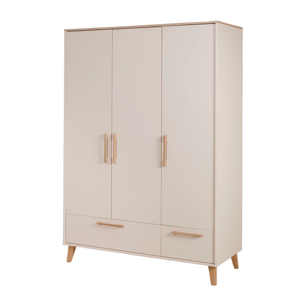 roba Kinderkleiderschrank Jil - 3-türig mit 2 Schubladen - Soft-Close & Metallkleiderstange - Griffe & Füße aus Massivholz - Cashmere / Chestnut