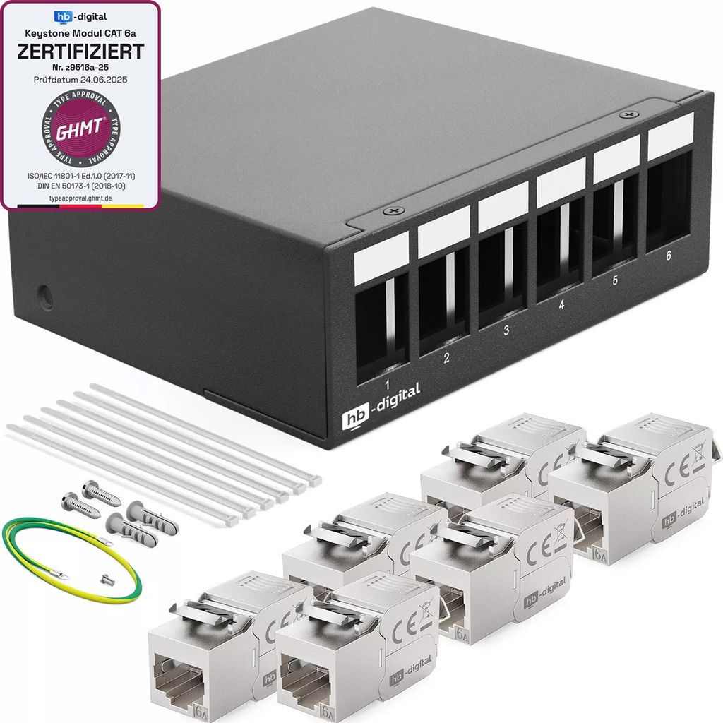hb-digital Patch Panel 6 Port mit 6 x Keystone Module Cat 6a schwarz