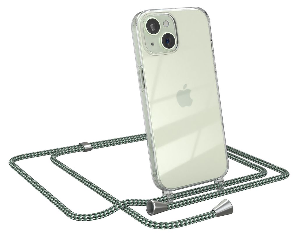 EAZY CASE Handykette kompatibel mit Apple iPhone 15, Handyhülle mit Umhängeband, Handykordel, Schutzhülle Clear, Band in Grün
