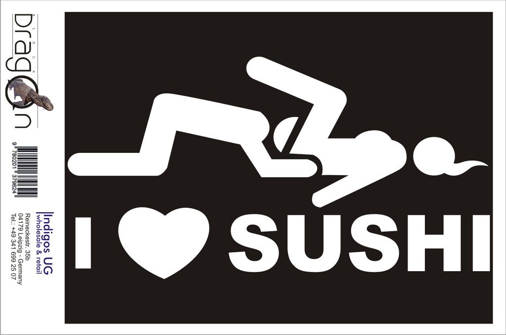 Aufkleber / Autoaufkleber - JDM / Die cut / Auto / OEM - I Love Sushi - 190x100 mm gelb - Heckscheibe / Heckscheibenaufkleber