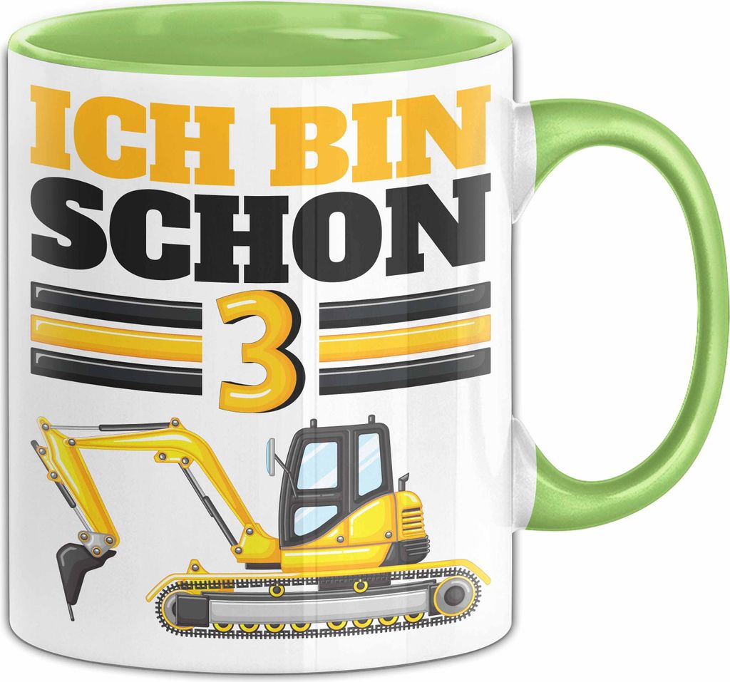 3. Geburtstag Geschenk Tasse Becher Jungs Bagger Ich Bin Schon 3 (Grün)