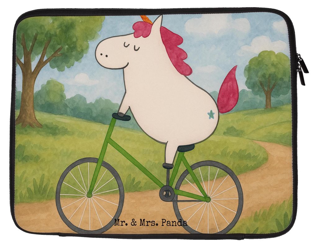 Mr. & Mrs. Panda Laptop Tasche Einhorn Radfahrer Design 20 x 28 cm - Weiß - Geschenk, Laptophülle, Laptoptasche, Hülle, Konfetti, Einhörner, Ra...