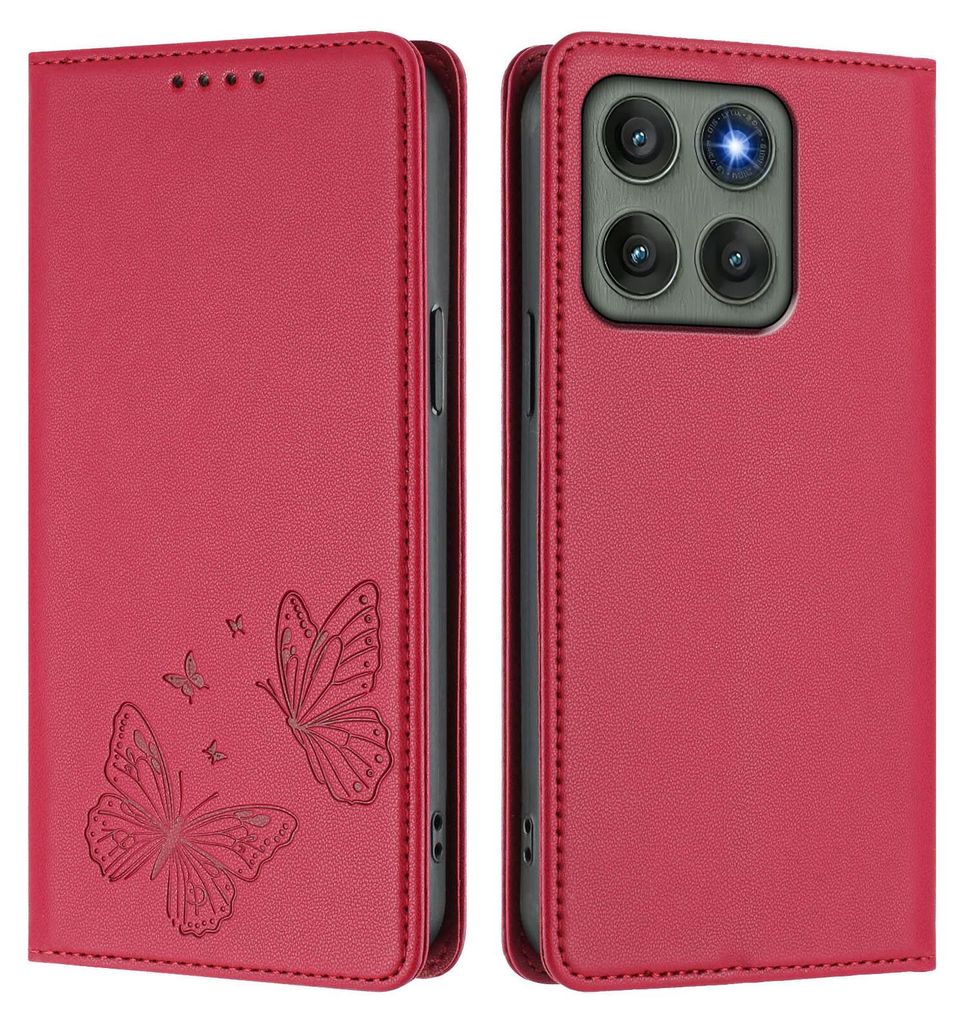 Lederhülle für Motorola Edge 60 Pro, Schmetterling Prägung Leder Brieftasche Schutzhülle mit Ständer Rot