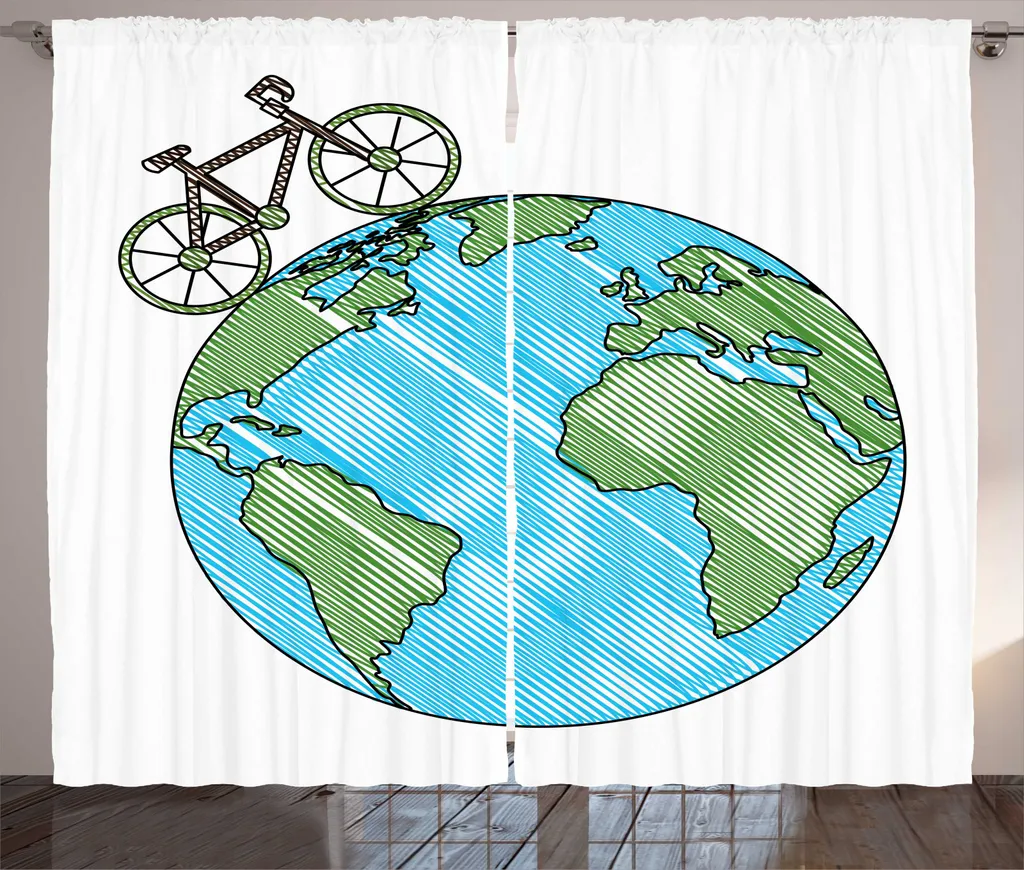 Paire de Rideaux Imprimés Monde et Vélo 280x225 cm pour Salon et Bureau