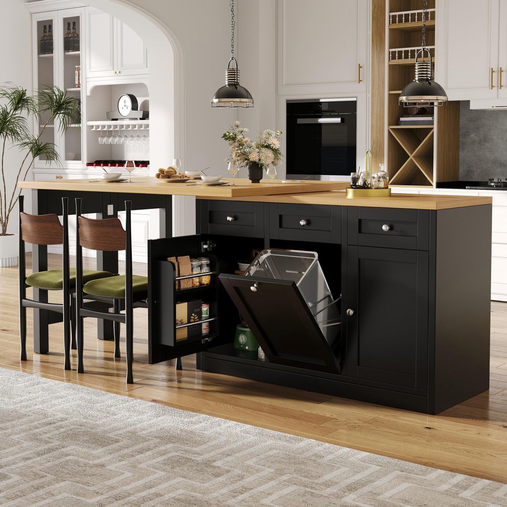 STILVORA Bartisch ausziehbar mit Stauraum und klappbarer Funktion, Esstisch mit Schublade und Snackablage sowie Mülleimerhalter, Küchentisch plat...