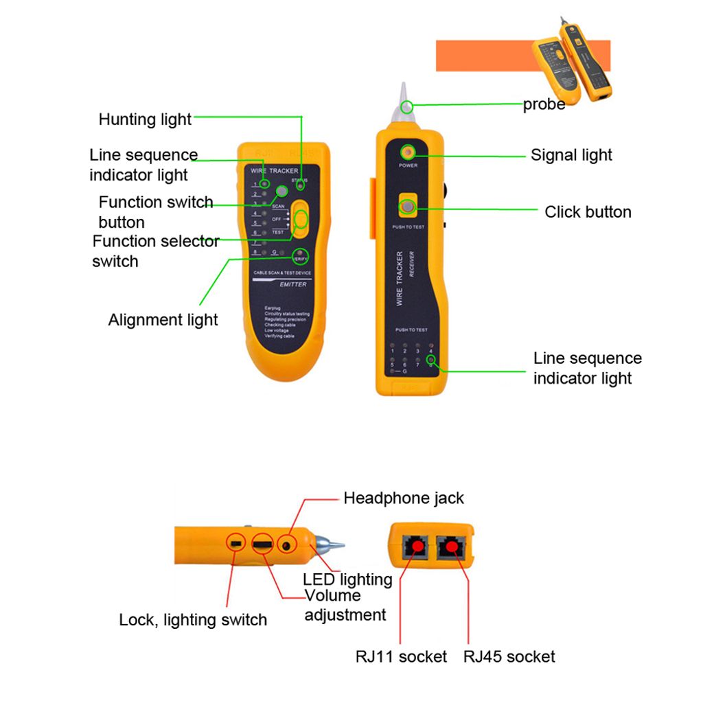 JW-360 Netzwerk-Telefonleitung Finder Mehrzweck-Netzwerk-Signal-Draht-Finder Netzwerk-Leitung Prüfinstrument Kabel-Detektor Line Meter Line Finder...