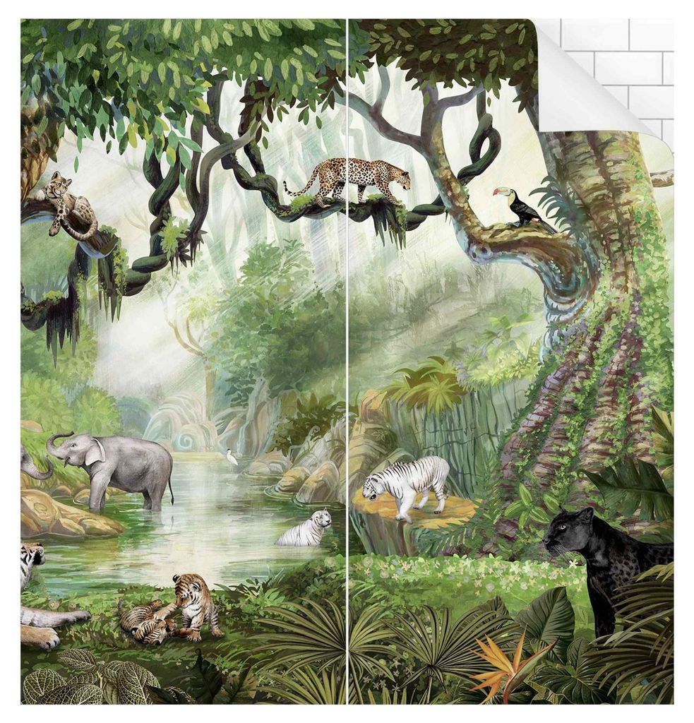 Duschrückwand Wald selbstklebend - 0.61 mm Wandpaneel wasserfest Dschungel grün Tropisch Badrückwand fugenlos Premium matt 90x210 cm