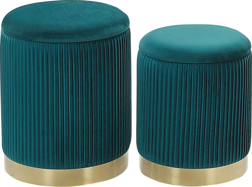 Two teal velvet ottomans with gold bases are shown against a white background.