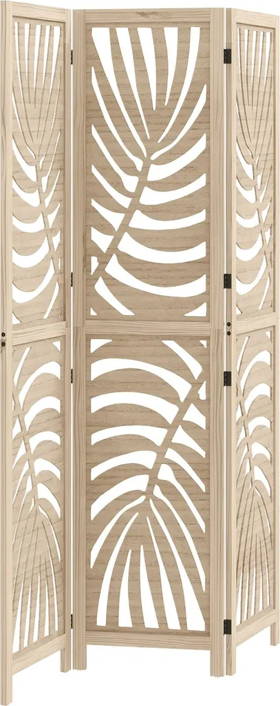 Paravent 3 parties en bois naturel avec motif végétal vert de 170 cm