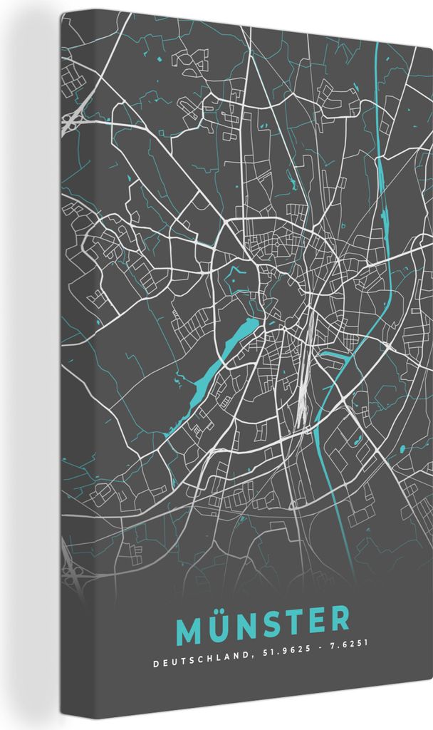 OneMillionCanvasses - Leinwandbilder - 90x140 cm, Deutschland - Blau - Münster - Stadtplan - Karte, Wandbilder Kunstdruck Wanddekoration - Foto ...