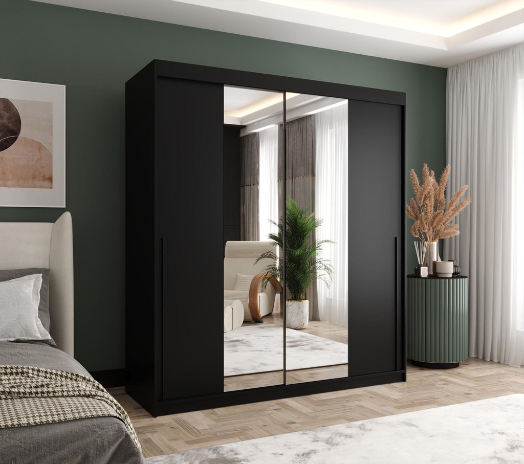 Home Collective Schwebetürenschrank mit Spiegel Kleiderschrank Garderobe 2-türig mit Einlegeböden und zwei Kleiderstangen wählbare Handgriffe M...