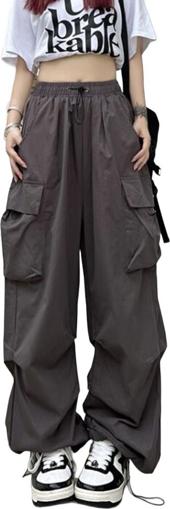 ASKSA Damen Cargohose Baggy Weites Bein Hose Y2K Track Pants Vintage Hohe Taille Freizeithose mit Taschen, Grau, L