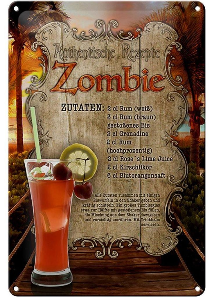 Blechschild Rezept 20x30cm Zombie Zutaten Rum Grenadine