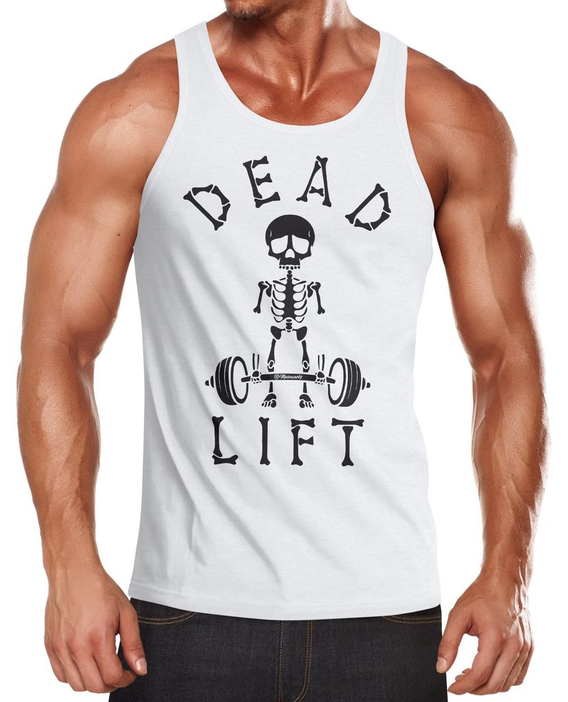 Herren Tanktop Print Aufdruck bedruckt Dead Lift Skelett Totenkopf Bodybuilding Hantel Muscle Shirt Achselshirt Moonworks weiß S