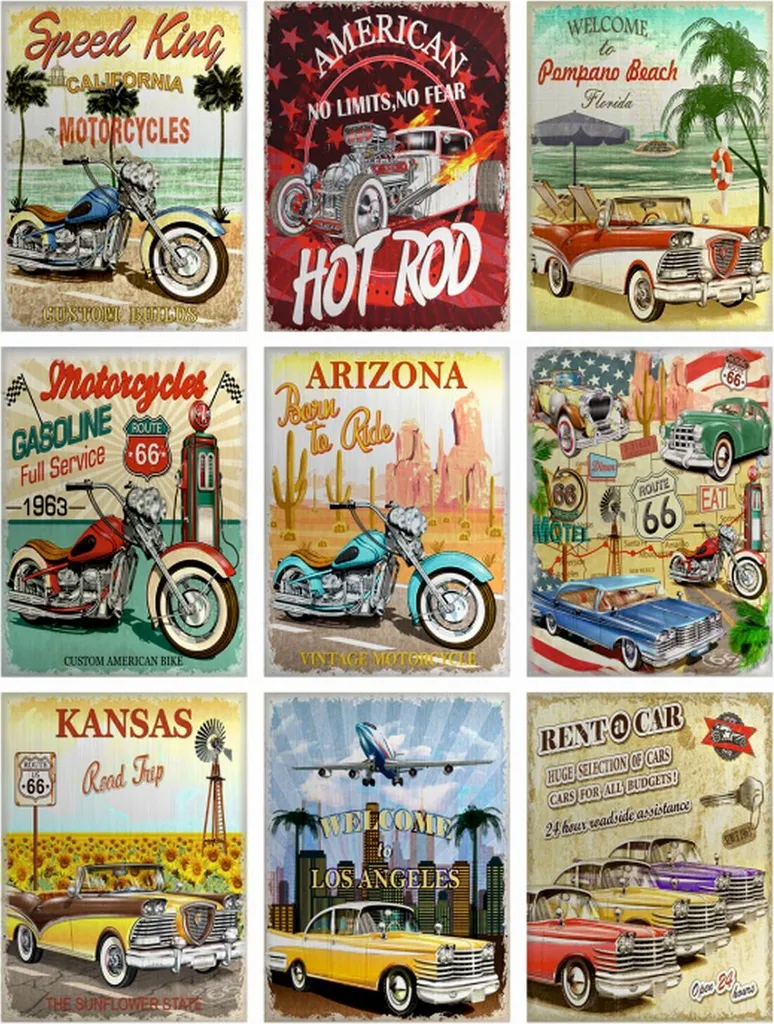 Sticker mural facile à poser voitures anciennes vintage rouge et bleu