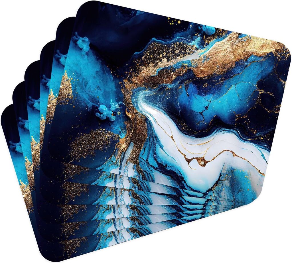 Tischset Satz mit 6 Stück 40x30 cm Marble blue and Gold 1 Tischuntersetzer Abwaschbar - Hitzebeständige Korkrückseite hält Temperaturen von 100°C
