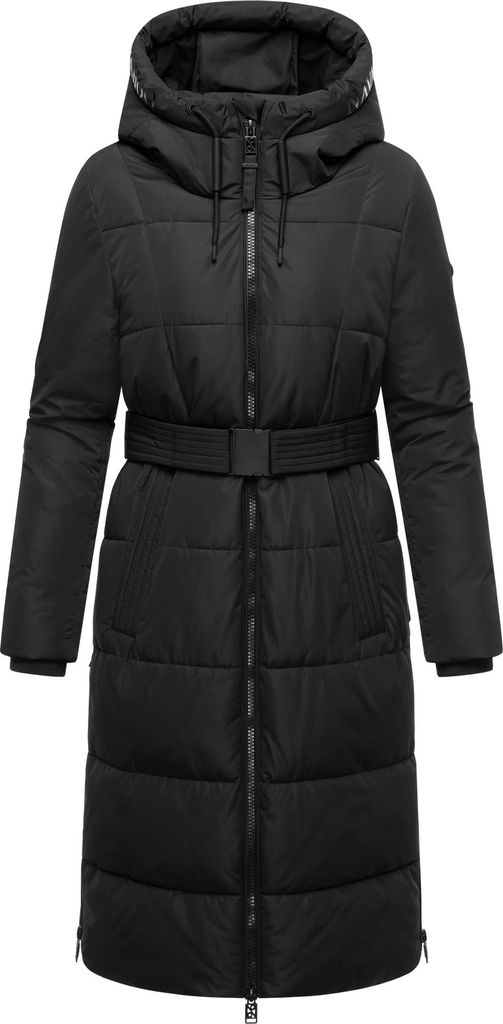 Navahoo Damen Wintermantel langer Steppmantel Jacke Parka mit Kapuze & Gürtel Herbstnebel Schwarz Gr. 44 - XXL