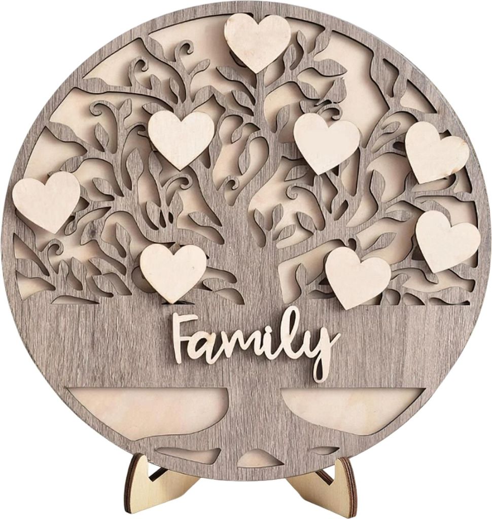 Stammbaum aus Holz, rustikales Tischschild mit Familienliebe, mehrschichtiges Herz-Baumornament mit Ständer als Muttertagsgeschenk, Kaminsims-Rega...