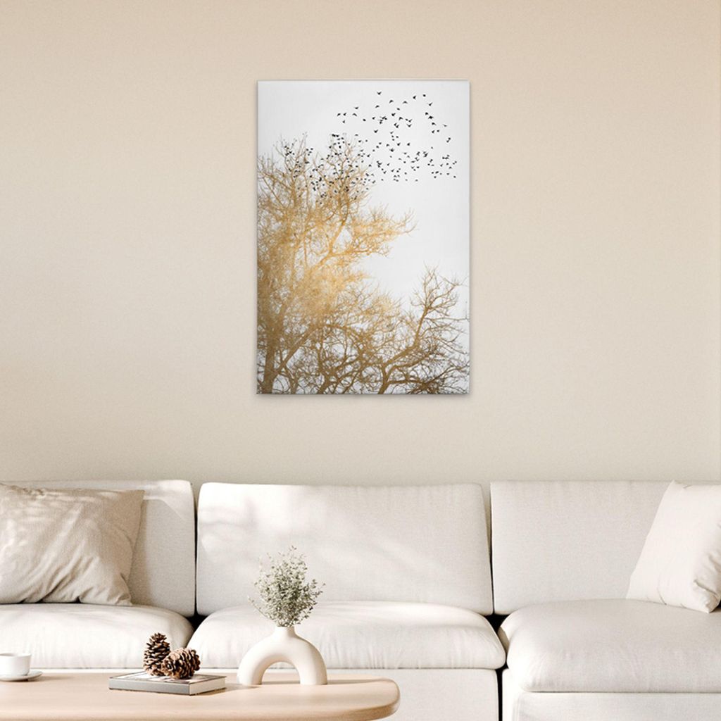 TADESSI Leinwandbild Baumkrone Weiß Gold - Wandbild 60 x 90 cm - Kunstdruck auf Leinwand in Creme Gold - M1-No.50673