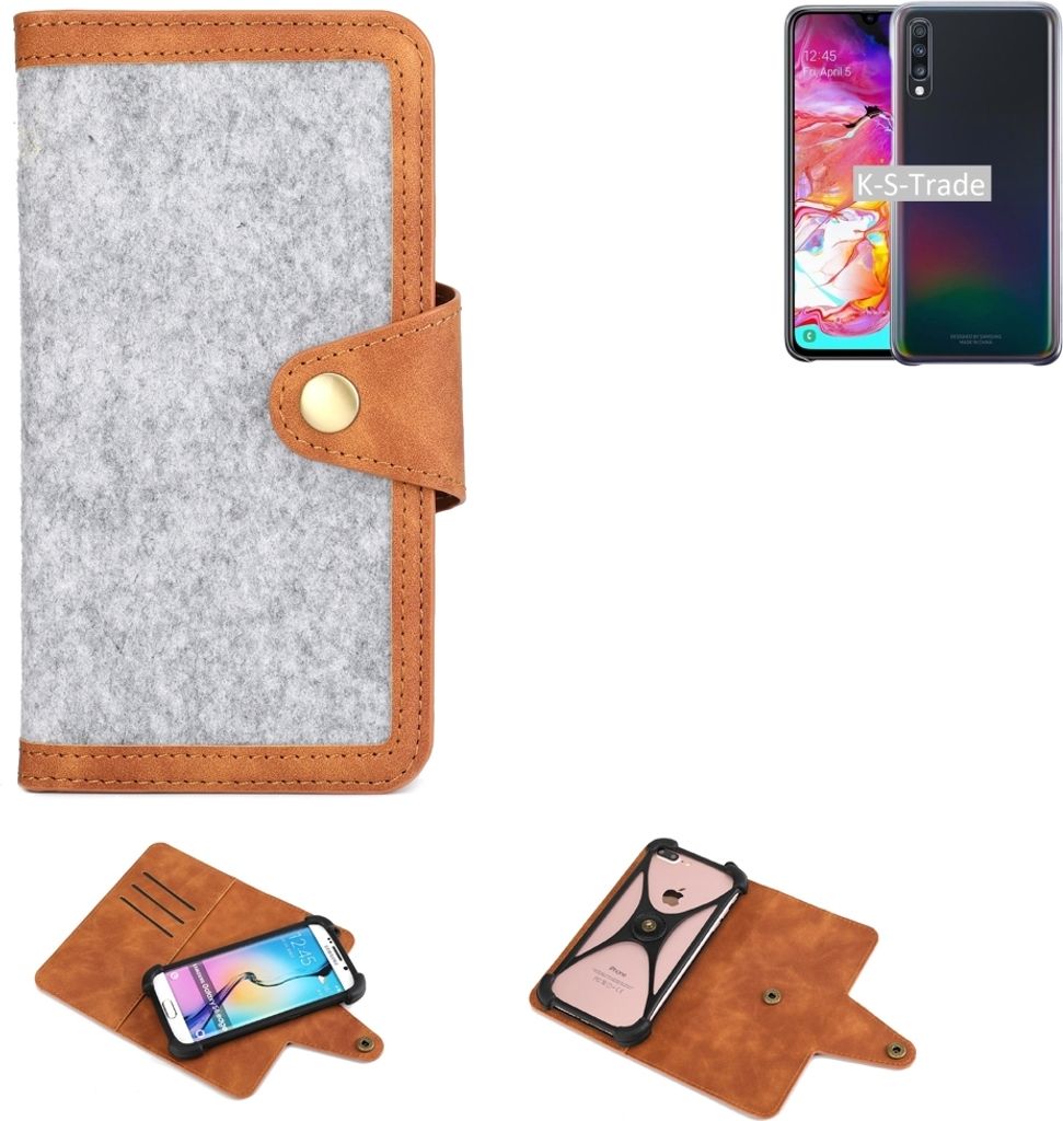 K-S-Trade Handyhülle kompatibel mit Samsung Galaxy A70 Schutzhülle Filz-Hülle Kunst-Leder hellgrau braun (1x)