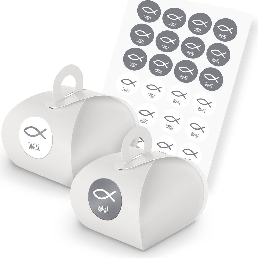 itenga SET Fisch Grau Danke (Motiv 92) 24x Geschenkschachtel Griff weiß +Sticker