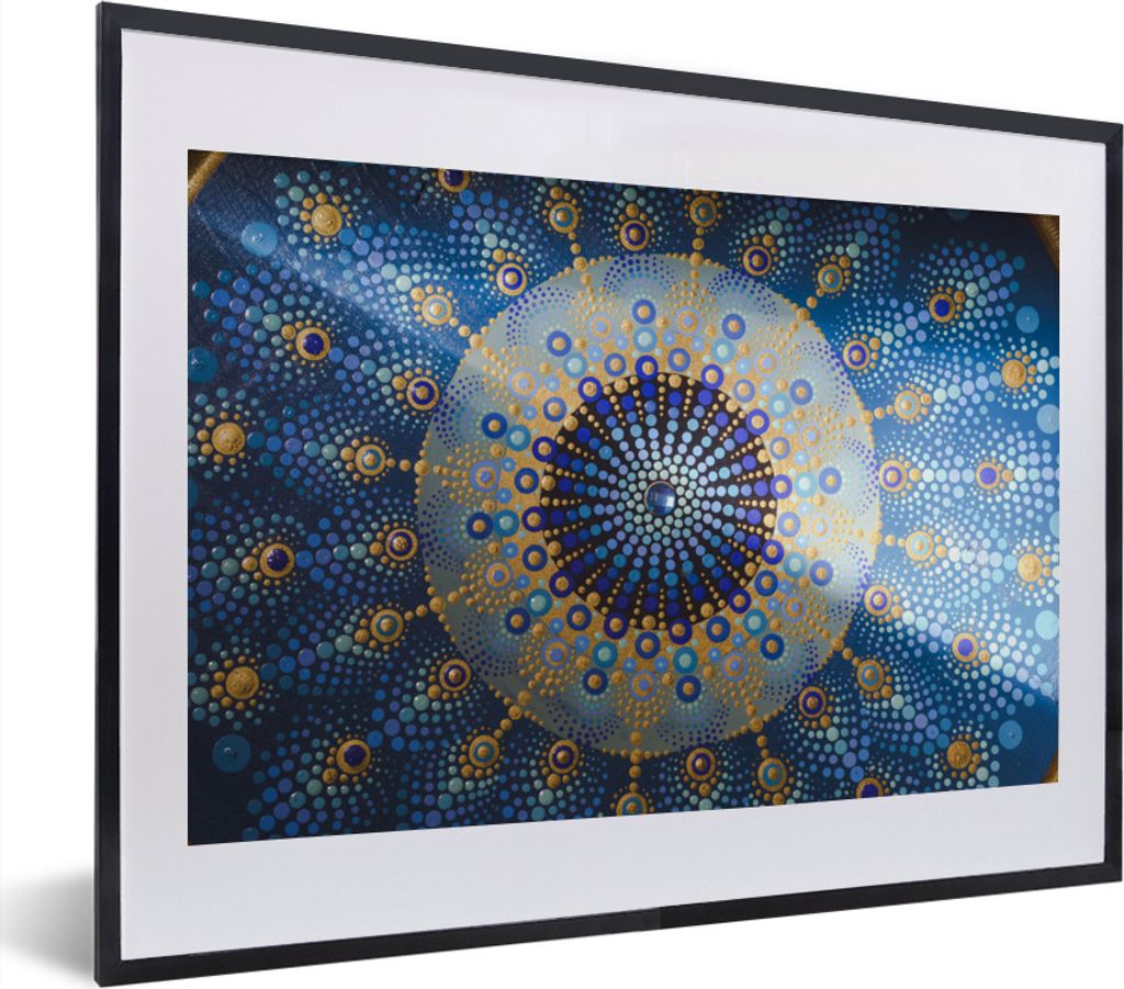 MuchoWow MuchoWow Gerahmtes Poster Kreis - Mandala - Blau - Gelb 40x30 cm - Poster mit zchwarzem Bilderrahmen - Bilderrahmen - Poster im Rahmen