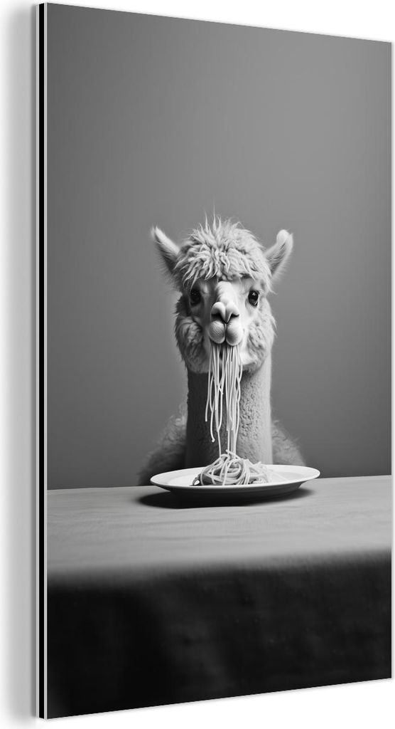 MuchoWow Wanddekoration Metall Metallbild Wandkunst 20x30 cm Alpaka - Nudeln - Schwarz - Weiß - Lustig - Tiere MuchoWow Aluminium Gemälde - Alu D...
