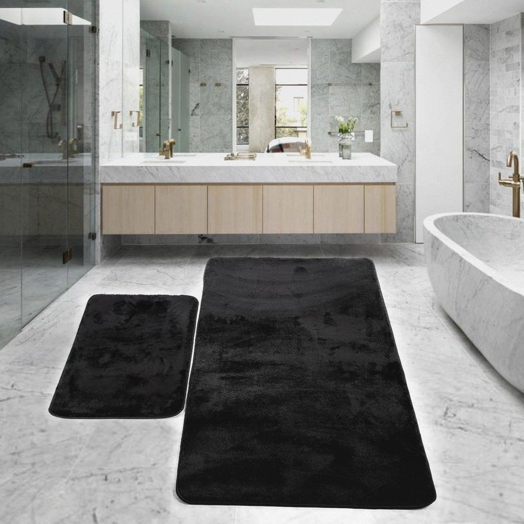 rutschfeste Badematte Badteppich Schwarz, 2er Set (80x150 cm) + (50x80 cm) Relax Plüsch | Duschvorleger Maschinenwaschbar, Schnell Trocknend Badvo...