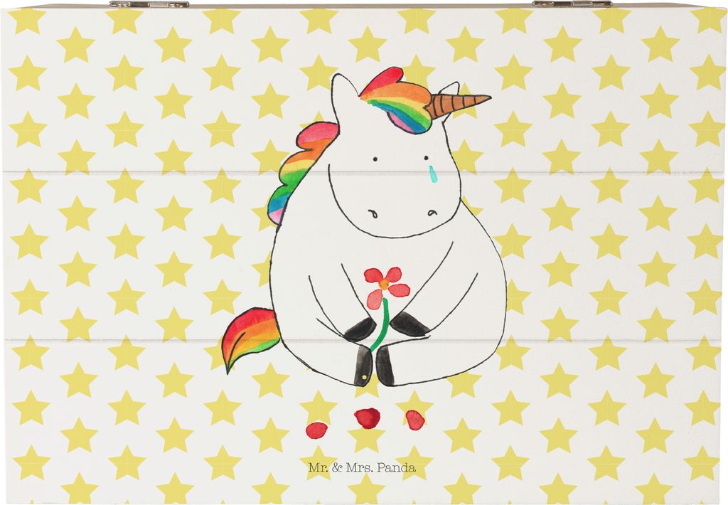Mr. & Mrs. Panda Holzkiste Einhorn Traurig 22 x 15 cm - Weiß - Geschenk, Holztruhe, Freunde, Blume, Glitzer, Kiste, geschenkkiste, Aufbewahrungstr...
