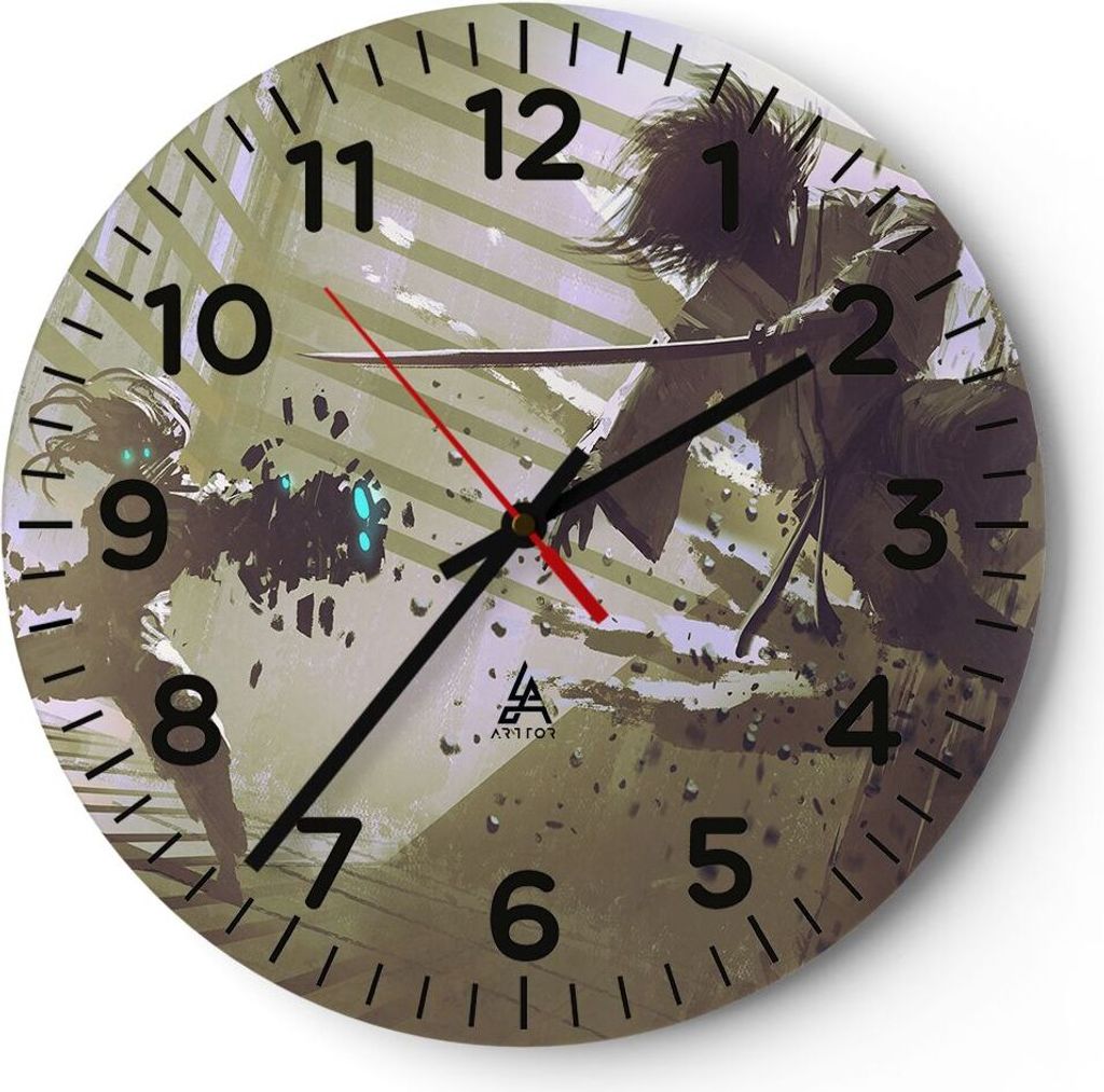 Wanduhr - Rund - Glasuhr - Roboter Samurai Schwert Kämpfen - 40x40cm - Schleichendes Uhrwerk - Lautlos - zum Aufhängen bereit - Dekoration Modern...