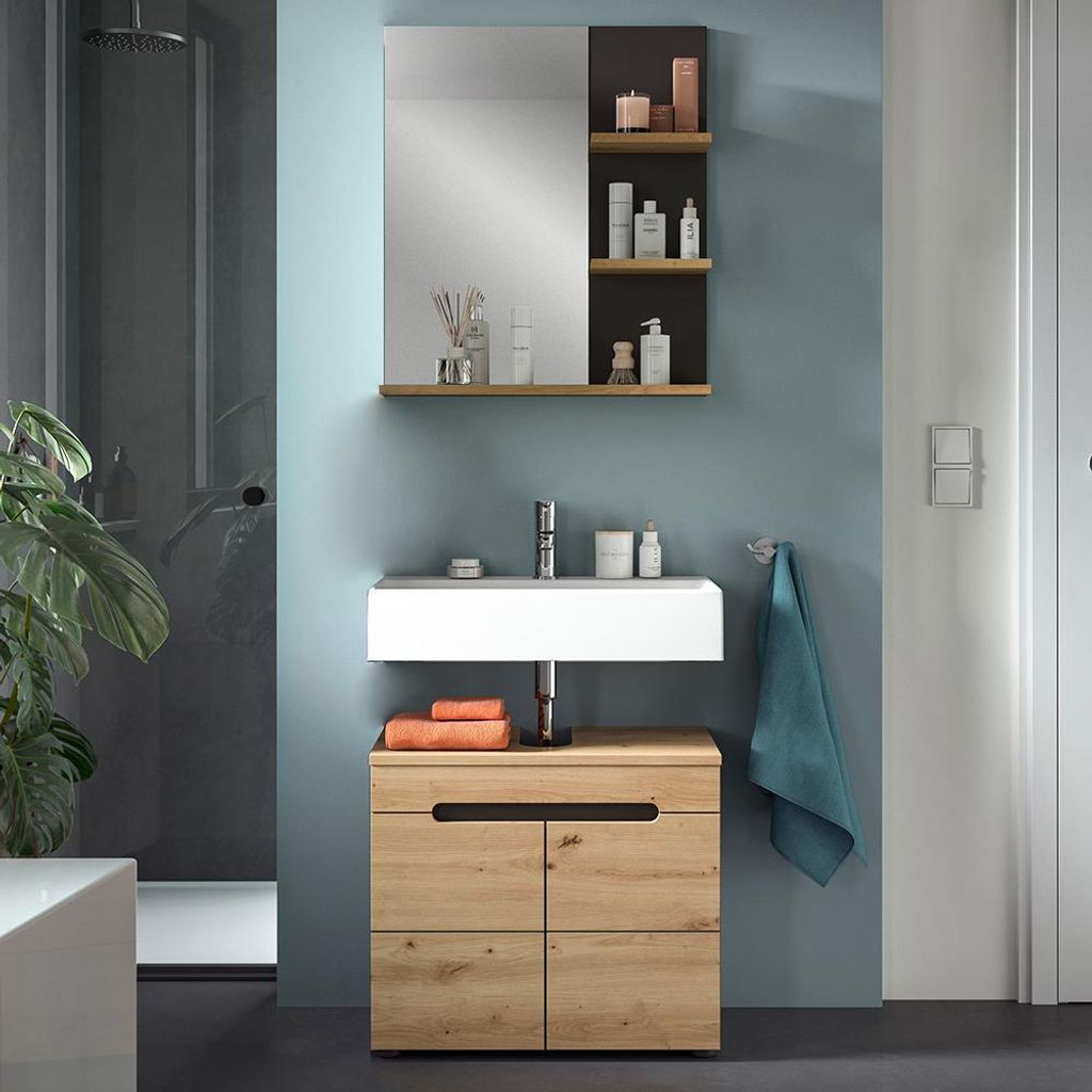 Badmöbel-Set 2-teilig mit 63 cm Waschbeckenunterschrank & Spiegel in Eiche und grau CORTANA-158