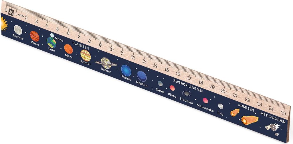 Metrie, Didakt-M07 Holzlineal, bedrucktes Sonnensystem, 25 cm