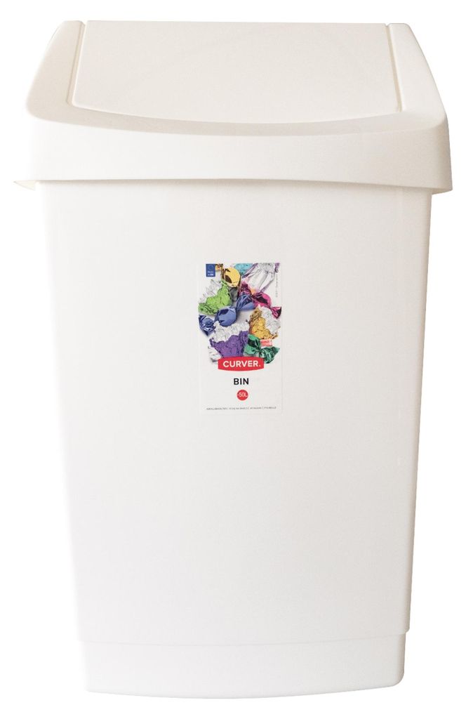 A white Curver bin with a colorful sticker on the front.