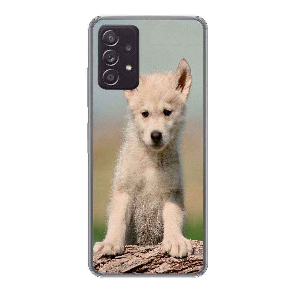 MuchoWow Handyhülle Schutzhülle Hülle für Samsung Galaxy A53 5G Wolf - Kind - Holz Silikon Softcase Handy Hülle - Schutzabdeckung